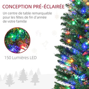 Árvore de Natal artificial iluminada em forma de lápis, 180 cm, 150 luzes multicoloridas, 390 ramos, base em aço verde