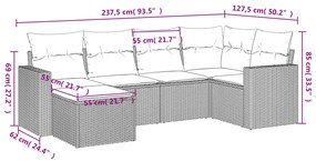 6 pcs conjunto sofás de jardim com almofadões vime cinzento