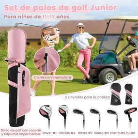 Conjunto de tacos de golfe para crianças dos 11 aos 13 anos, incluindo saco de apoio com capuz para chuva Driver n.º 1 Híbrido n.º 5 Ferros e Putter n