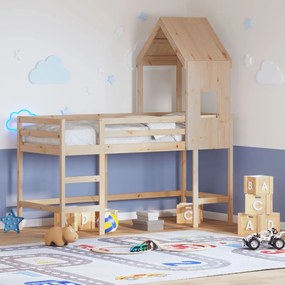 Cama alta c/ escada e telhado 80x200 cm pinho maciço