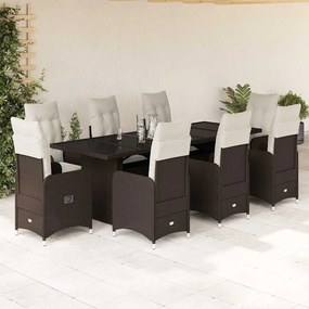 9 pcs conjunto bistrô de jardim c/ almofadões vime PE castanho