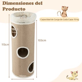 Casa para gatos de 4 níveis, caverna elevada com cama removível, painel para arranhar em sisal, 43 x 113 cm, cor cáqui
