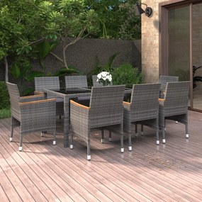 vidaXL 9 pcs conjunto de jantar para jardim vime PE cinzento
