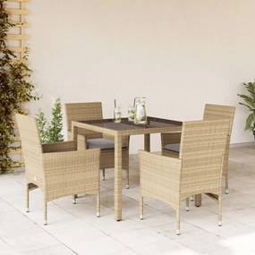 vidaXL 5 pcs conjunto jantar jardim com almofadões vime PE/vidro bege