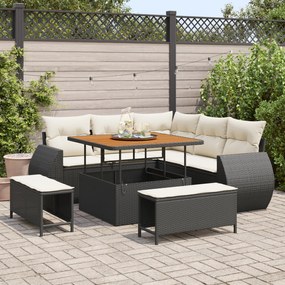 Conjunto de Sofá Jardim de 8 Peças com Almofadas Preto Polirattan Acácia