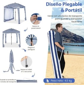 Tenda de praia portátil 183 x 183 x 215-240 cm com parede lateral amovível Saco de transporte 8 sacos de areia Proteção solar Exterior Azul + Branco