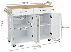 Carrinho para ilha de cozinha com tampo de madeira Estantes ajustáveis 2 gavetas grandes 122 x 48 x 92,5 cm Branco