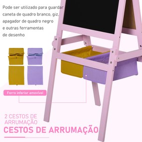 Cavalete Infantil 3 em 1 Cavalete de Arte para Crianças com Quadro Rolo de Papel e 2 Cestos 58,5x50,5x118 cm Rosa
