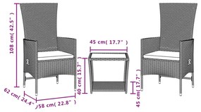 3 pcs conjunto de jantar p/ jardim com almofadões vime PE bege