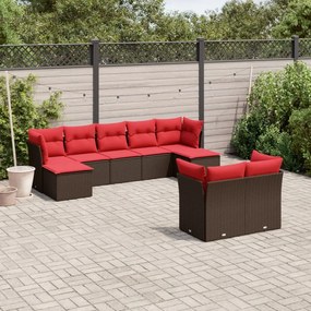 vidaXL 9 pcs conjunto sofás p/ jardim c/ almofadões vime PE castanho