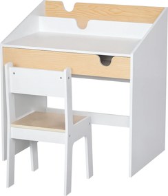 HOMCOM Secretária para Crianças de 3 e 6 Anos Conjunto de Mesa e Cadeira com Prateleira para Livros 70x50x75 cm Branco e Madeira | Aosom Portugal