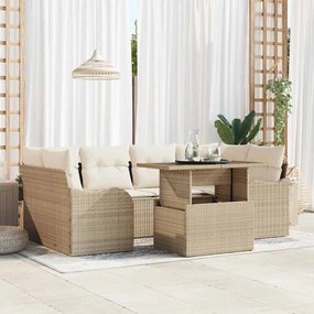 Conjunto de Sofás de Jardim vidaXL 7 Peças com Almofadas Bege Rattan Poliéster
