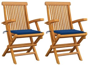Cadeiras de jardim c/ almofadões azul real 2 pcs teca maciça