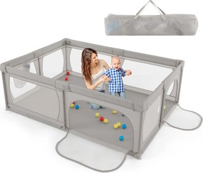 Parque para bebés 206 x 147 x 68,5 cm com rede respirável, bolsa de transporte, 50 bolas oceânicas e porta com fecho de correr  – Cinza claro