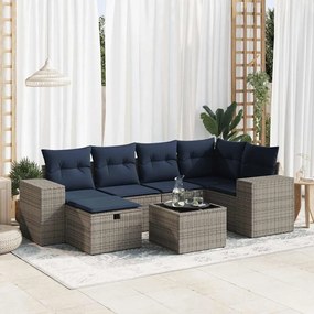 7 pcs conjunto sofás p/ jardim c/ almofadões vime PE cinzento