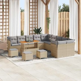 Conjunto de Sofá para Jardim vidaXL de 14 peças com Almofadas Bege de Rattan Sintético e Acácia