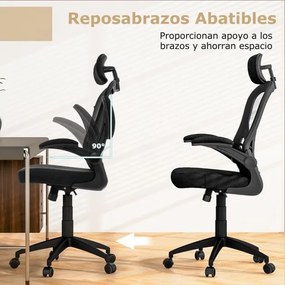 Cadeira de escritório ergonómica com apoios de braços dobráveis em rede Encosto ajustável e encosto basculante 66 x 66 x 114-124 cm Preto