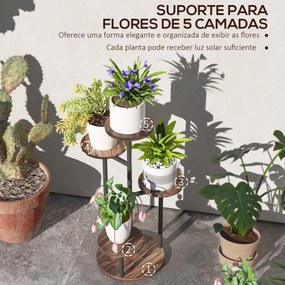 Suporte para Plantas de 5 Níveis Suporte para Plantas de Madeira e Aço com 5 Prateleiras Redondas 43x43x70 cm Madeira