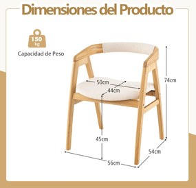Cadeira de bambu com encosto curvo e almofada de assento estofada para sala de estar/jantar natural