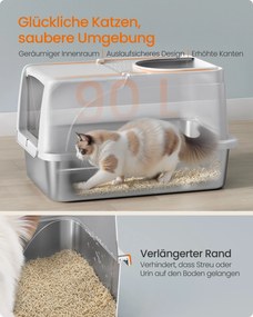 Caixa de areia gatos XL em aço inoxidável com tampa 61 x 40 x 36,5 cm, para gatos até 15 kg cinzento claro