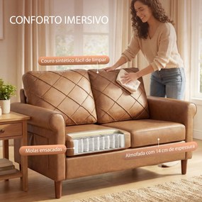 Sofá de 2 Lugares de PU com Pés de Madeira Encosto com Costuras Sofá Moderno para Sala de Estar Quarto Castanho