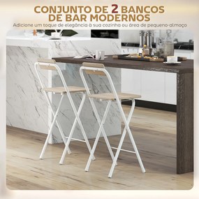 Conjunto de 2 Bancos de Bar Dobráveis Bancos Altos de Cozinha com Encosto Apoio para os Pés 37x45x87 cm Madeira