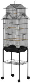 Gaiola de Metal para Pássaros com Bandeja Amovível Rodas 4 Comedouros 3 Poleiros e 1 Baloiço 50,5x41x163 cm Preto