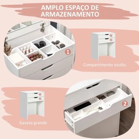 Toucador com Banco Oculto e Espelho Rebatível Mesa de Maquilhagem com Gaveta e 7 Compartimentos Banco Acolchoado Branco