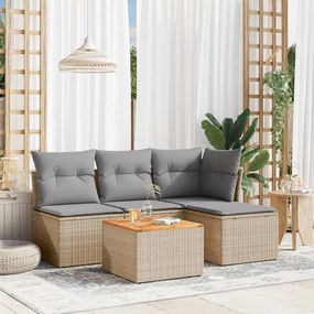 5 pcs conj. sofás jardim c/ almofadões vime PE bege misturado