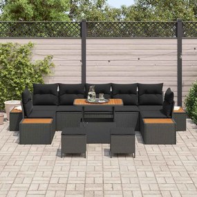 Conjunto de Sofá de Jardim vidaXL 10 Peças com Almofadas Preto Rattan