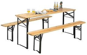 Conjunto de mesa de piquenique e banco de 3 peças, mesa de cerveja dupla com estrutura de aço de 2 assentos para jardim externo natural