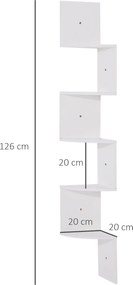Estante de canto de parede para arrumação, em forma de ziguezague, 20 L x 20 L x 126 A cm, 5 prateleiras, madeira branca