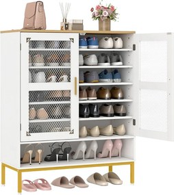 Sapateira de 7 níveis 80 x 37 x 106 cm com portas de malha Organizador moderno para sapatos em madeira com prateleiras ajustáveis Branco