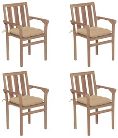 vidaXL Cadeiras de jardim empilháveis c/ almofadões 4 pcs teca maciça