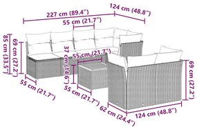 8 pcs conjunto sofás p/ jardim c/ almofadões vime PE cinzento
