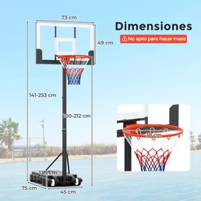 Cesto de basquetebol infantil portátil de 100-212 cm com tabela de PC inquebrável, base enchível e rodas Preto e branco