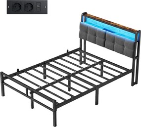 Cama de metal 120 x 200 cm com iluminação LED (COLCHÃO NÃO INCLUIDO), tomadas e espaço de arrumação, preta