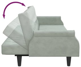 Sofá-cama 2 lugares c/ almofadas e apoio pés veludo cinza-claro