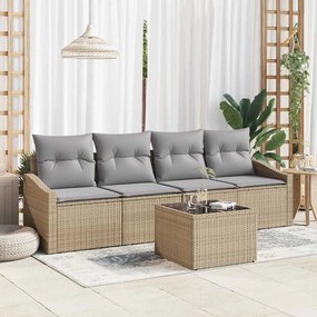 vidaXL Conjunto de Sofá de Jardim de 5 Peças com Almofadas em Bege de Polirattan
