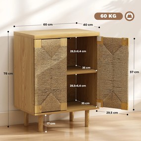 Aparador Boémio de 2 Portas com Corda Tecida à Mão Prateleira Ajustável Abertura por Pressão 60x40x78 cm Cor Carvalho