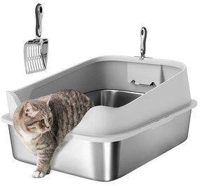 PawHut Caixa de Areia para Gatos em Aço Inoxidável XXL Caixa de Areia para Gatos com Borda Alta Pá Fácil de Limpar À Prova de Fugas 70x50x30 cm Cinzento