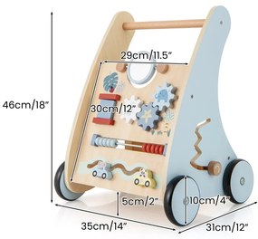 Andador de madeira para bebés com centro de aprendizagem Actividades múltiplas com arrumação 35 x 31 x 46 cm Azul