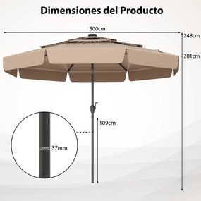 Guarda-sol solar de 300 cm com 32 luzes LED, parte superior ventilada com 3 níveis e ajuste de inclinação - castanho