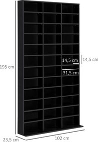 Estante de arrumação, capacidade máxima de 1116 CDs/528 DVDs, 36 compartimentos e prateleiras ajustáveis 102 x 23,5 x 195 cm, preto