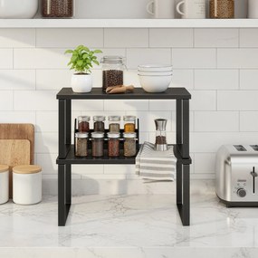 Conjunto de 2 prateleiras de cozinha, suporte empilhável para especiarias, organizador de armários para cozinha preto
