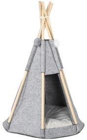 Pawhut Tenda Teepee para Animais Gato ou Cão Almofada Espessa 2 Pompons Incluídos Estrutura de Pinho Feltro Pelúcia Cinza | Aosom Portugal