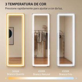 Espelho Pé de Corpo Inteiro com Luzes 150x50 cm Sem Moldura 3 Temperaturas de Cor Brilho Ajustável Transparente