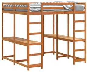 Cama alta com secretária e escada pinho maciço castanho-mel
