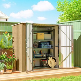 Abrigo de Jardim Exterior Metálico 1,37 m² 163x89x163 cm com Telhado Inclinado Portas com Fecho e Luvas Castanho