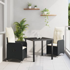 Conjunto de Jantar de Jardim 3 Peças com Almofadas Pretas de Rattan Po